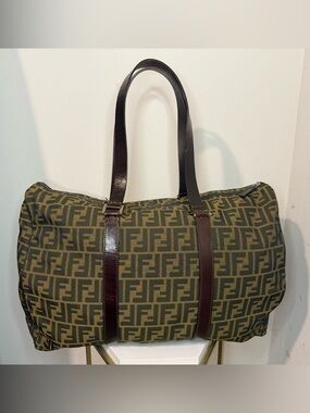 Vintage 90s Authentic Large FENDI Zucca Boston Travel Canvas & Leather Bag